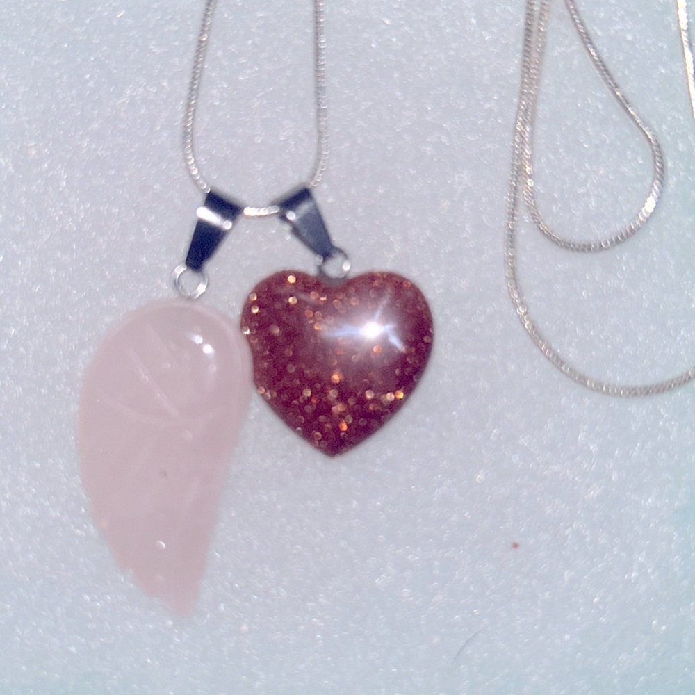 Boho hippie Rose Quartz Angel Wing and Goldstone Heart Silver 24” Necklace